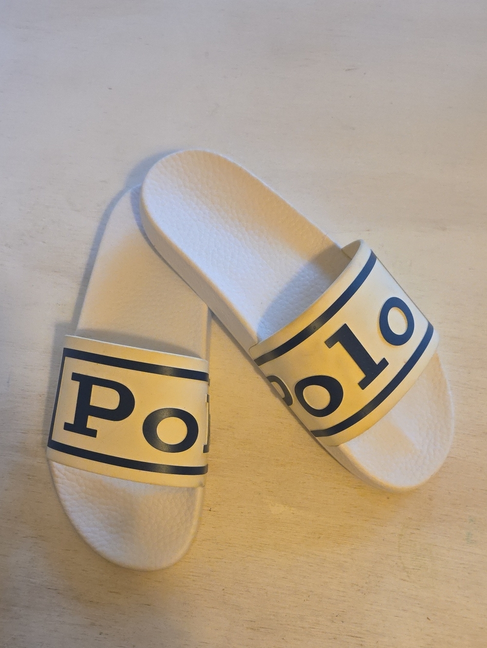 Polo by Ralph Lauren White Slide Sandals with Navy Logo